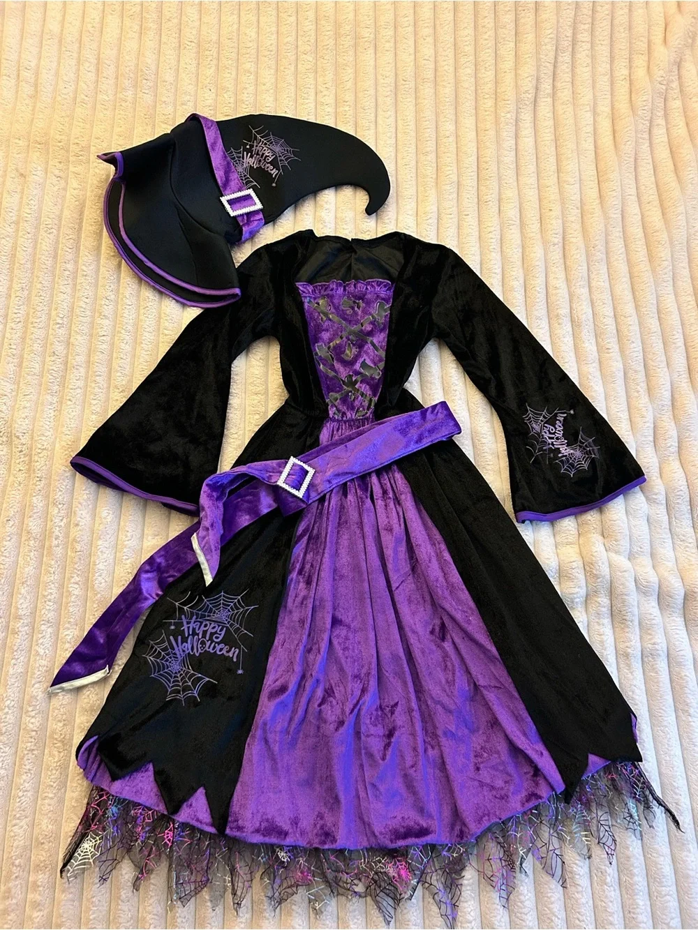 Girls Black & Purple Witch Costume Dress with Hat and 2 Broomsticks